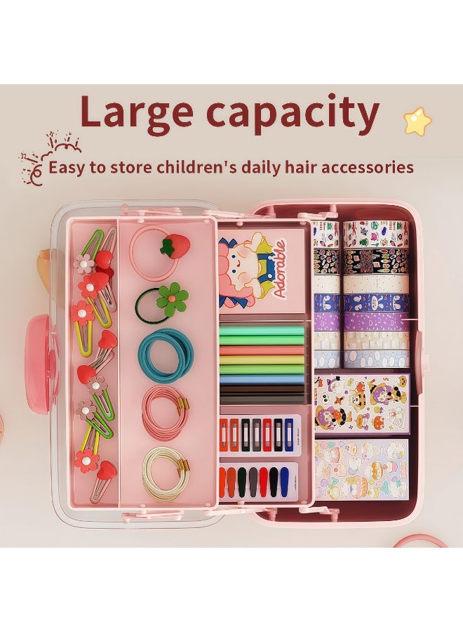 XiuWoo Hair Accessory Organizer,Kids' Storage Box,Cute Hair Accessories Organizer,3-Layer Organizer/Basket/Trunk,with Handle, Lockable,Toy Storage Cube,Hair Accessories, Scrunchies & Necklaces Storage Box,Kids Hair Accessories Storage Box,Cute Girls Jewelry Organizer,Cosmetics Storage Box,Cute Lockable Jewelry Organizer Container,Durable And Washabl,for Hair Clip, Headband, Scrunchie, Cosmetic, Sewing, Toy, Tape(Pink) - Image 5